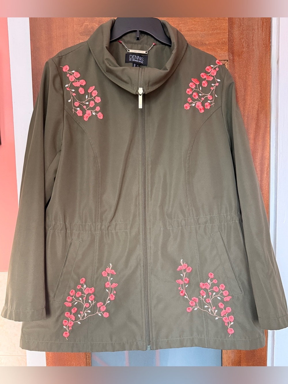 Dennis Basso Olive Green Embroidered Floral Water Resistant Zip Anorak Jacket